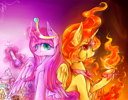 Size: 1000x784 | Tagged: safe, artist:pinkymynery2212, alicorn, pony, adventure time, candy, crossover, fire, flame princess, food, looking at you, male, ponified, potion, princess bubblegum, pyrokinesis