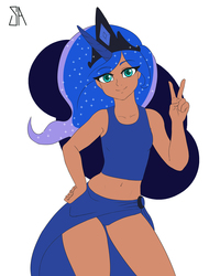 Size: 1200x1500 | Tagged: safe, artist:souladdicted, edit, princess luna, human, g4, belly button, breasts, clothes, crown, dark skin, delicious flat chest, female, flat colors, flatuna, humanized, jewelry, looking at you, midriff, peace sign, regalia, skirt, solo, tank top, younger