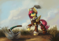 Size: 1400x973 | Tagged: safe, artist:asimos, fluttershy, g4, axe, barbarian, convincing armor, female, folded wings, hat, leather armor, looking at something, painterly, raised hoof, solo, weapon