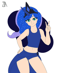 Size: 1200x1500 | Tagged: safe, artist:souladdicted, edit, princess luna, human, g4, age regression, belly button, breasts, clothes, crown, delicious flat chest, female, flat colors, flatuna, humanized, jewelry, light skin, looking at you, midriff, peace sign, regalia, skirt, solo, tank top, younger