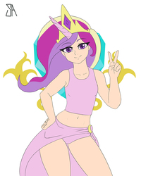 Size: 1200x1500 | Tagged: safe, artist:souladdicted, edit, princess cadance, human, g4, age regression, belly button, breasts, clothes, crown, delicious flat chest, female, flat colors, flatdance, humanized, jewelry, light skin, looking at you, midriff, peace sign, regalia, skirt, solo, tank top, younger