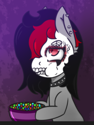 Size: 550x732 | Tagged: safe, artist:lazerblues, oc, oc only, oc:miss eri, black and red mane, candy, choker, dia de los muertos, ear piercing, face paint, food, piercing, solo, two toned mane