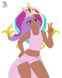 Size: 1200x1500 | Tagged: safe, artist:souladdicted, edit, princess cadance, human, g4, age regression, belly button, breasts, clothes, crown, dark skin, delicious flat chest, female, flat colors, flatdance, humanized, jewelry, looking at you, midriff, peace sign, regalia, skirt, solo, tank top, younger