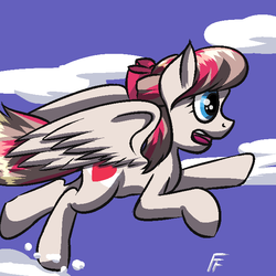 Size: 640x640 | Tagged: safe, artist:frecklesfanatic, angel wings, g4, bow, cloud, female, hair bow, happy, running, solo, spread wings