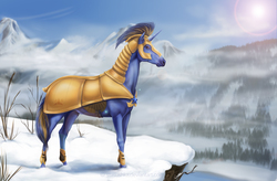 Size: 2500x1640 | Tagged: safe, artist:stasushka, oc, oc only, oc:bluestar, horse, pony, unicorn, armor, cliff, hoers, realistic, royal guard, snow, solo