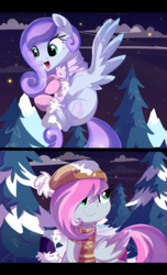 Size: 1600x2635 | Tagged: safe, artist:spookyle, oc, oc only, oc:cloudy dreamscape, oc:graffiti heart, pegasus, pony, cute, female, hat, mare, night, smiling, snow, snowball, snowball fight, winter, winter outfit