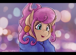 Size: 1280x927 | Tagged: safe, artist:symplefable, fluttershy, g4, viva las pegasus, alternate hairstyle, bust, ear piercing, earring, female, impossibly rich, jewelry, looking at something, open mouth, piercing, portrait, solo