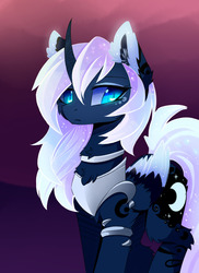 Size: 1280x1760 | Tagged: safe, artist:magnaluna, princess luna, alicorn, pony, g4, alternate color palette, alternate design, arm band, chest fluff, collar, color porn, colored wings, colored wingtips, curved horn, ear fluff, ethereal mane, ethereal tail, eyeshadow, female, fluffy, folded wings, gradient background, gradient ears, gradient wings, horn, jewelry, leg fluff, makeup, mare, neck fluff, peytral, purple background, regalia, simple background, slit pupils, solo, sparkly ears, sparkly wings, tail, white-haired luna, wings