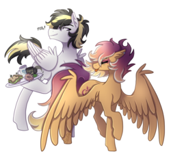 Size: 1975x1800 | Tagged: safe, artist:monnarcha, oc, oc only, oc:lightning strike, oc:sunrise skies, pegasus, pony, cup, dish, flower, food, hoof hold, sandwich, simple background, tongue out, transparent background