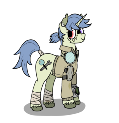 Size: 1463x1520 | Tagged: safe, artist:bojangleee, oc, oc only, oc:make do, pony, unicorn, fallout equestria, dirty, freckles, goggles, heterochromia, pipbuck, solo, tail wrap