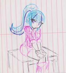 Size: 1228x1360 | Tagged: safe, artist:elgatosabio, sonata dusk, equestria girls, g4, female, lined paper, sad, sitting, solo, traditional art