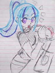 Size: 1295x1721 | Tagged: safe, artist:elgatosabio, sonata dusk, equestria girls, g4, blushing, caught, clothes, eating, female, food, lined paper, open mouth, ponytail, skirt, solo, traditional art