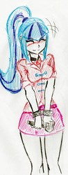 Size: 969x2475 | Tagged: safe, artist:elgatosabio, sonata dusk, equestria girls, g4, :3, blushing, eyes closed, female, microphone, simple background, solo, traditional art