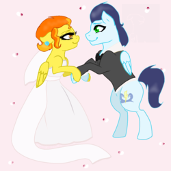 Size: 1300x1300 | Tagged: safe, artist:magicalduck64, artist:star draw, soarin', spitfire, pony, g4, clothes, dancing, dress, eye contact, looking at each other, male, marriage, ship:soarinfire, shipping, straight
