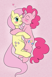 Size: 2441x3601 | Tagged: safe, artist:catlover1672, fluttershy, pinkie pie, pony, g4, blushing, duo, female, heart, high res, kissing, lesbian, ship:flutterpie, shipping