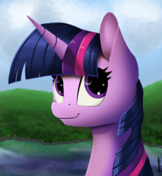 Size: 1024x1112 | Tagged: safe, artist:shikogo, twilight sparkle, g4, bust, cute, female, forest, lake, looking up, portrait, smiling, solo, updated