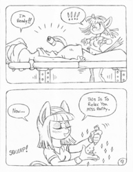 Size: 849x1100 | Tagged: safe, artist:circe, artist:steve budzinski, blue nile, rarity, anthro, comic:soreloser, g4, 2 panel comic, black and white, breasts, comic, female, grayscale, massage, monochrome, towel, traditional art