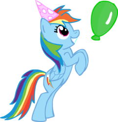 Size: 1200x1238 | Tagged: safe, artist:chir-miru, rainbow dash, g4, backwards cutie mark, balloon, female, hat, party hat, simple background, solo, transparent background