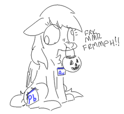 Size: 710x653 | Tagged: safe, artist:nobody, derpy hooves, pegasus, pony, g4, bucket, chest fluff, costume, cute, dialogue, female, mare, mouth hold, muffled words, periodic table, pun, sitting, sketch, solo, trick or treat