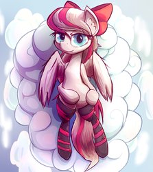 Size: 803x900 | Tagged: safe, anonymous artist, angel wings, pony, g4, bow, clothes, cloud, cute, female, hair bow, lying down, on back, socks, solo, striped socks