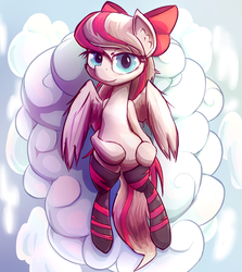 Size: 803x900 | Tagged: safe, anonymous artist, angel wings, pegasus, pony, g4, bow, clothes, cloud, cute, female, hair bow, lying down, on back, socks, solo, striped socks