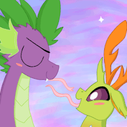 Size: 450x450 | Tagged: safe, artist:dragonpone, derpibooru exclusive, spike, thorax, changedling, changeling, dragon, g4, to where and back again, :p, animated, blush sticker, blushing, bust, cute, eyes closed, fangs, floppy ears, gay, gif, king thorax, long tongue, male, older, open mouth, portrait, raspberry, ship:thoraxspike, shipping, smiling, sparkles, spikabetes, that tongue thing, thorabetes, tongue out