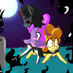 Size: 500x500 | Tagged: safe, artist:dragonpone, derpibooru exclusive, carrot top, golden harvest, king sombra, pony, bipedal, cape, clothes, costume, crossdressing, crying, curved horn, devil horns, devil tail, dress, duo, evening gloves, evil, evil smile, eyes closed, frown, full moon, gloves, gravestone, grin, horn, kicking, lidded eyes, looking down, moon, night, nightmare night, nightmare night costume, ponies riding ponies, riding, scared, smiling, socks, sombra riding carrot top, stars, sweat, tentacles, thigh highs, tongue out, wide eyes