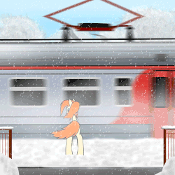 Size: 500x500 | Tagged: safe, artist:subway777, oc, oc only, oc:ray muller, pegasus, pony, animated, frame by frame, gif, pantograph, ponytail, russia, snow, snowfall, solo, standing, train, train station, tram, tree, wind, winter, wood