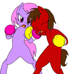 Size: 720x774 | Tagged: safe, artist:pugilismx, artist:toyminator900, oc, oc only, oc:chip, oc:melody notes, pony, bipedal, boxing, boxing gloves, i forgot the damn wings again, simple background, trace, wingless