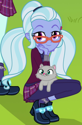 Size: 457x691 | Tagged: safe, artist:charliexe-edits, edit, sugarcoat, cat, equestria girls, g4, my little pony equestria girls: friendship games, clothes, cropped, crystal prep academy uniform, crystal prep shadowbolts, cute, female, looking at you, meme, school uniform, smiling, solo, squatting, sugarcute, that shadowbolt sure does love cats