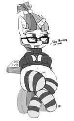 Size: 1169x1920 | Tagged: safe, artist:pabbley, moondancer, g4, belly button, clothes, dialogue, female, monochrome, on back, simple background, socks, solo, striped socks, sweater, white background