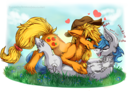 Size: 1750x1250 | Tagged: safe, artist:serenity, applejack, oc, oc:constance everheart, g4, canon x oc, couple, cuddling, cute, everjack, fetish, fluffy, heart, shipping, snuggling, tickle fetish, tickling, tongue out