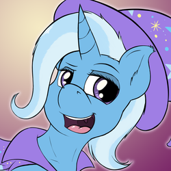 Size: 2000x2000 | Tagged: safe, artist:punk-pegasus, trixie, pony, unicorn, g4, bust, female, gradient background, high res, lidded eyes, open mouth, portrait, smiling, solo