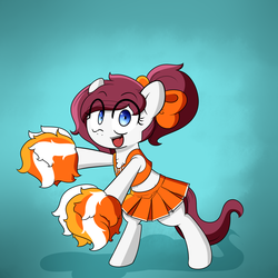Size: 1900x1900 | Tagged: safe, artist:fullmetalpikmin, oc, oc only, oc:rally, earth pony, pony, belly button, bipedal, bow, cheerleader, chest fluff, clothes, cute, hair bow, midriff, ocbetes, pleated skirt, pom pom, ponytail, skirt, solo, tank top