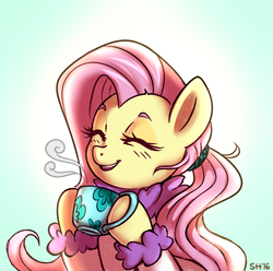 Size: 737x731 | Tagged: safe, artist:sorcerushorserus, fluttershy, pegasus, pony, g4, alternate hairstyle, bathrobe, clothes, cup, cute, eyes closed, female, food, gradient background, hoof hold, mare, open mouth, ponytail, robe, shyabetes, signature, smiling, solo, steam, tea, teacup