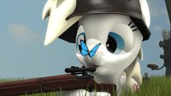 Size: 1280x720 | Tagged: safe, oc, oc only, oc:aryanne, butterfly, 3d, clipping, cross-eyed, cute, eyes on the prize, grass, gun, helmet, insect on nose, military, open mouth, prone, rifle, scientist, shooting, sky, smiling, solo, source filmmaker, stahlhelm, weapon