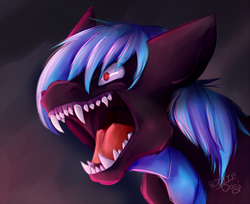 Size: 1092x892 | Tagged: safe, artist:dogi-crimson, oc, oc only, oc:vibrato, dragon, angry, bust, eyes open, fangs, floppy ears, open mouth, portrait, red eyes, roar, sharp teeth, solo, teeth