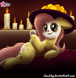 Size: 883x900 | Tagged: safe, artist:clouddg, fluttershy, g4, candle, catrina (calavera garbancera), cempasúchil, dia de los muertos, face paint, female, looking at you, smiling, solo