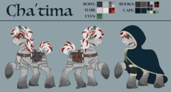 Size: 5400x2918 | Tagged: safe, artist:rottingroot, oc, oc only, oc:cha'tima, earth pony, pony, book, brooch, cloak, clothes, coontails, green eyes, raised hoof, reference sheet, solo