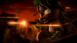 Size: 3840x2160 | Tagged: safe, artist:argodaemon, oc, oc only, fallout equestria, 3d, city, gun, handgun, high res, pistol, running, source filmmaker