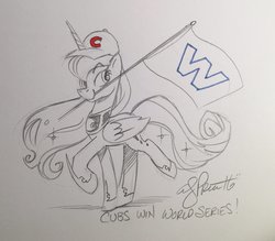 Size: 2048x1798 | Tagged: safe, artist:andy price, princess luna, g4, 2016 world series, baseball, champions, chicago cubs, female, flag, mlb, mouth hold, sketch, solo, that was fast, traditional art, world series