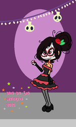 Size: 388x648 | Tagged: safe, artist:obeliskgirljohanny, oc, oc only, oc:cereza, human, vampire, catrina (calavera garbancera), dia de los muertos, face paint, fangs, flower, humanized, looking at you, rose, smiling, solo, sugar skull cookie