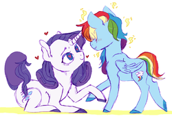 Size: 1280x867 | Tagged: artist needed, safe, rainbow dash, rarity, pegasus, pony, unicorn, g4, female, heart, heart eyes, lesbian, looking at each other, mare, ship:raridash, shipping, smiling, wingding eyes