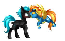 Size: 3000x1871 | Tagged: safe, artist:scarlet-spectrum, spitfire, oc, oc:thunderwing, pegasus, pony, g4, blushing, canon x oc, clothes, commission, eyes closed, floating, goggles, kissing, raised hoof, shipping, simple background, transparent background, wonderbolts uniform