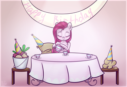 Size: 2345x1605 | Tagged: dead source, safe, artist:mp-printer, madame leflour, mr. turnip, pinkie pie, sir lintsalot, earth pony, pony, g4, party of one, eyes closed, female, gradient background, hat, party hat, pinkamena diane pie, scene interpretation, smiling, solo, table, teacup, teapot