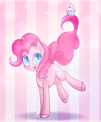 Size: 1583x1921 | Tagged: dead source, safe, artist:mp-printer, pinkie pie, earth pony, pony, g4, abstract background, cupcake, cute, diapinkes, female, food, looking at you, smiling, solo