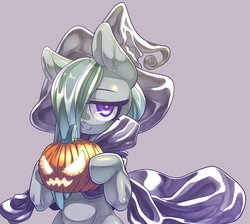 Size: 1500x1346 | Tagged: safe, artist:kaikoinu, marble pie, earth pony, pony, g4, clothes, female, hair over one eye, halloween, halloween costume, hat, jack-o-lantern, looking at you, mare, pumpkin, simple background, smiling, solo, wip, witch hat