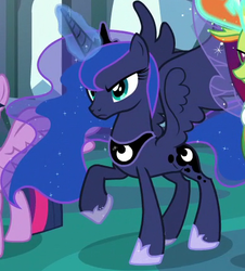 Size: 387x429 | Tagged: safe, screencap, princess luna, alicorn, pony, g4, season 6, to where and back again, angry, cropped, female, glowing horn, horn, magic, mare, offscreen character, raised hoof, solo focus, spread wings