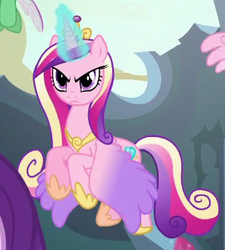 Size: 309x343 | Tagged: safe, screencap, princess cadance, princess flurry heart, starlight glimmer, alicorn, changedling, changeling, pony, g4, to where and back again, angry, colored wings, cropped, female, flying, gradient wings, magic, mare, solo focus