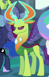 Size: 343x539 | Tagged: safe, screencap, princess celestia, princess luna, rarity, thorax, alicorn, changedling, changeling, pony, unicorn, season 6, to where and back again, angry, changeling king, cropped, female, frown, glowing antlers, glowing horn, king thorax, magic, magic aura, male, male focus, mare, offscreen character, offscreen female, solo focus, spread wings, wings